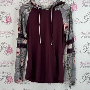 Ultra Flirt hoodie long sleeves roses flowers Burgundy Floral Plaid Hoodie